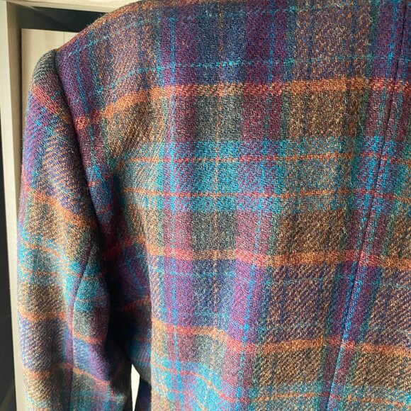 VTG 90s colorful plaid wool oversized blazer leather trim S academia old money - Picture 13 of 14